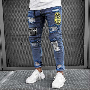 Men's Jeans Skinny Hip Hop Cool Streetwear Biker Embroidery Patch Hole Ripped Zipper Jeans Slim Mens Clothes Pencil Homme Jeans