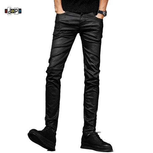 Idopy Men`s Coated Jeans Korean Fashion Cool Waxed Waxing Slim Fit Biker Denim Pants