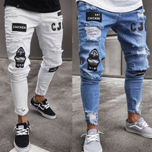 Load image into Gallery viewer, Men Pant Vintage Ripped Jeans Super Skinny Fit Zipper Denim Pant Destroyed Frayed Trousers Cartoon Gothic Style Pant Men Clothes