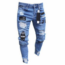 Load image into Gallery viewer, Men Pant Vintage Ripped Jeans Super Skinny Fit Zipper Denim Pant Destroyed Frayed Trousers Cartoon Gothic Style Pant Men Clothes