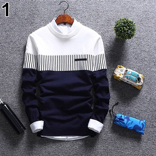 2019 Men's Casual Autumn Fashion Casual Strip Color Block Knitwear Jumper Pullover Sweater sale  Material Cotton Free Shipping