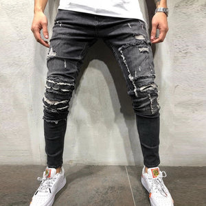 CYSINCOS Streetwear Men's Ripped Skinny Distressed Destroyed Slim Stretch Biker Jeans Men Pants With Holes Full Length Trousers