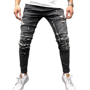 CYSINCOS Streetwear Men's Ripped Skinny Distressed Destroyed Slim Stretch Biker Jeans Men Pants With Holes Full Length Trousers