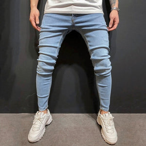 Men Pencil Pants 2019 Scratched Jeans Casual Button Unopened Stretch Denim Pants Elastic Waist High Quality Jean Plus US size