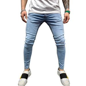 Men Pencil Pants 2019 Scratched Jeans Casual Button Unopened Stretch Denim Pants Elastic Waist High Quality Jean Plus US size