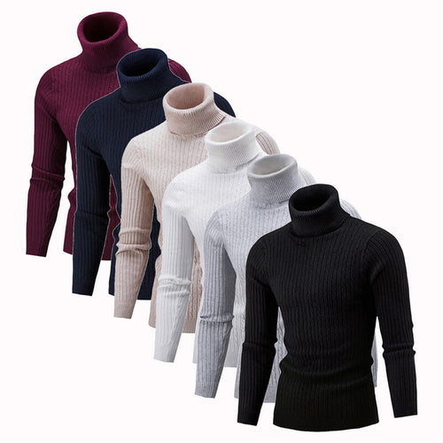 2019 High Quality Warm Turtleneck Sweater Men Fashion Solid Knitted Mens Sweaters Casual Slim Pullover Male Double Collar Tops