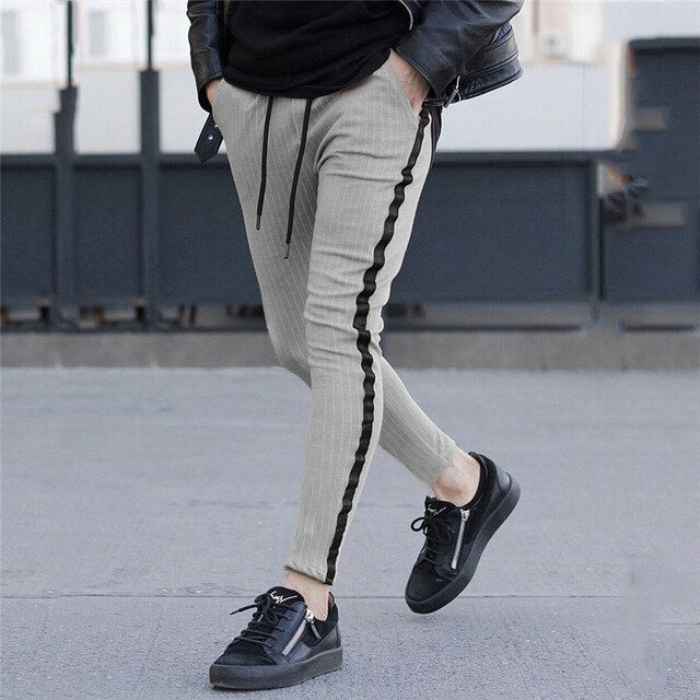 Men Slim Fit Striped Pencil Pants Urban New Trousers Male Fashion Sid Strip Casual Joggers Stylish Long Pants Drawstring Men