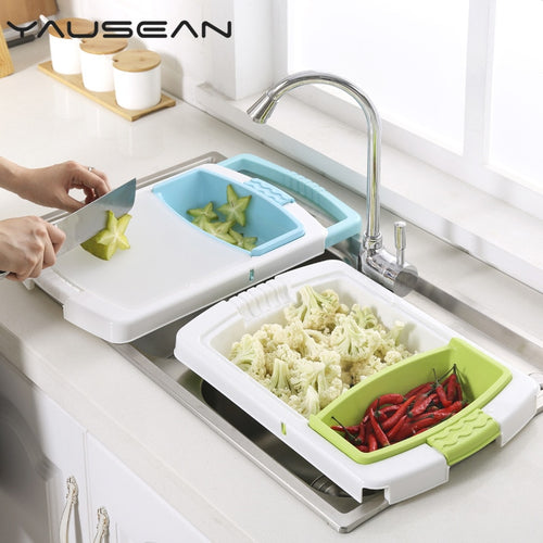 Creative Double-sided vegetable fruit chopping board stretch cutting board drain basket  storage box Kitchen accessories tools